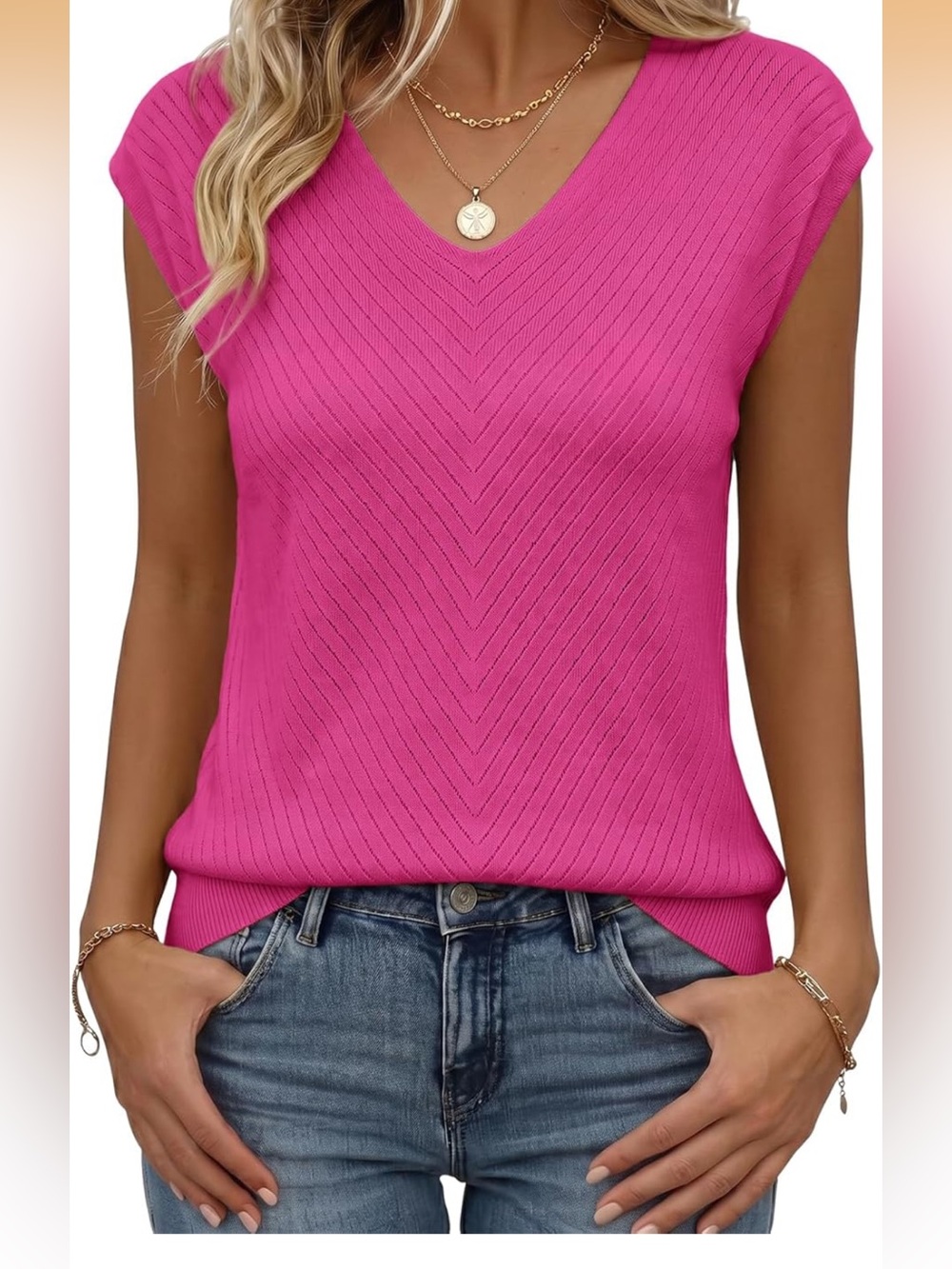 Knit V-Neck Sweater Vest Cap Sleeve Top